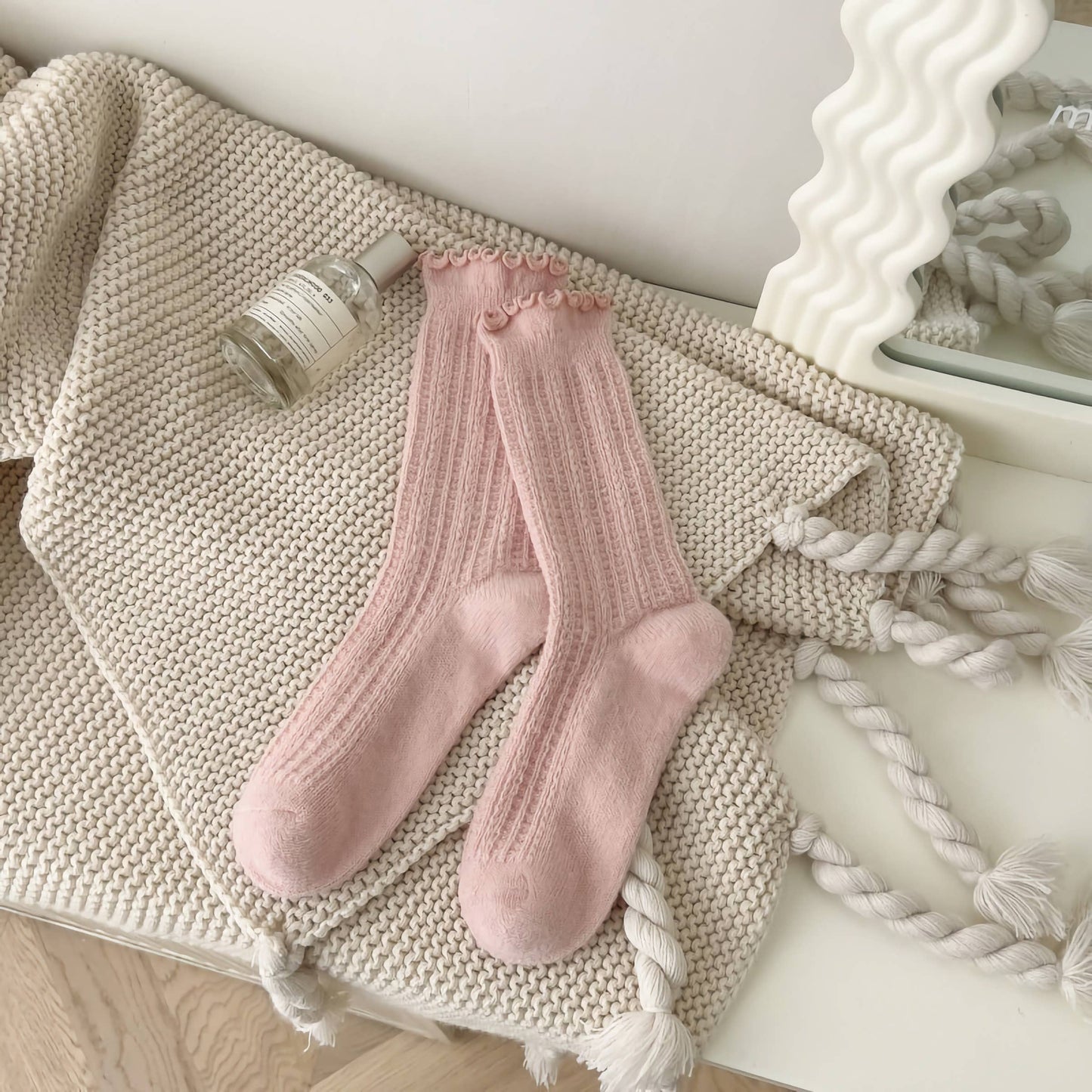 Pink Knitted Wool Warm Crew Socks